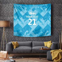 Blue hanging tapestry with lion crest and 'YOUR TEXT 21' design