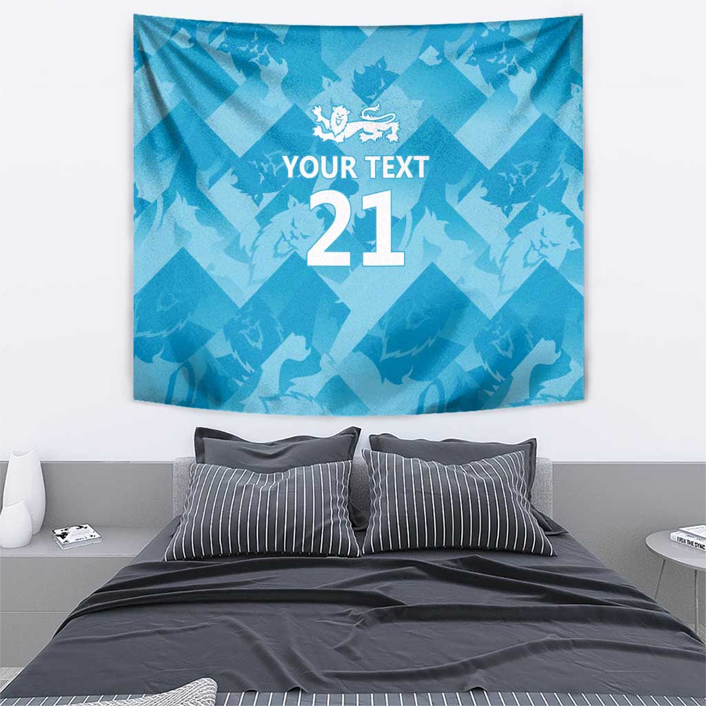 Blue tapestry wall hanging with lion crest and large '21' text
