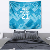 Blue tapestry wall hanging with lion crest and large '21' text