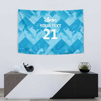 Blue fabric tapestry with lion crest, 'YOUR TEXT' and '21' center