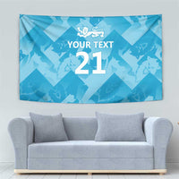 Blue tapestry with diamond pattern, lion crest, and 'YOUR TEXT 21' lettering