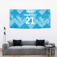 Blue banner-style tapestry with lion crest and 'YOUR TEXT 21' headline