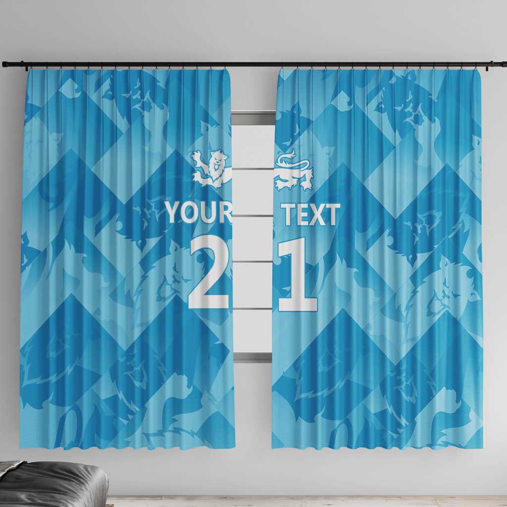 Blue window curtain panels with lions motif and custom text on a zigzag pattern.