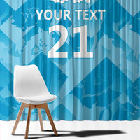Blue window curtain with lions motif and custom text reading “YOUR TEXT 21”.