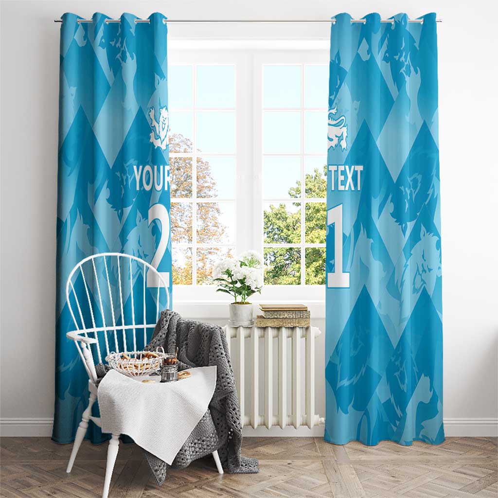 Blue window curtain panels with lions motif and custom text, mounted on top rings.