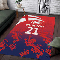 Red and blue England cricket area rug with lions, flag cross, and custom text 21