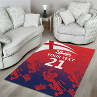 Red and blue England cricket rug with flag cross, lions icons, and custom text 21