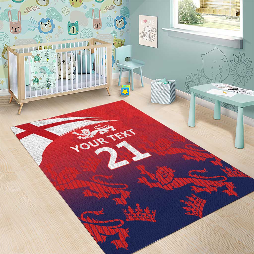 Red and blue England cricket area rug with flag cross, lions silhouettes, and 21