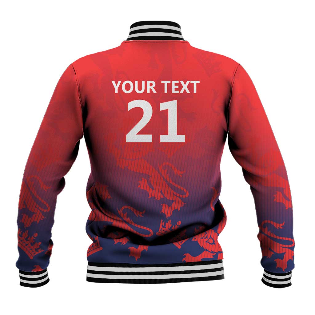 Red baseball jacket with ribbed striped collar and back 'YOUR TEXT 21' print