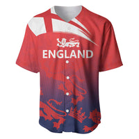 Red England cricket baseball jersey, white Three Lions crest on front, buttoned placket