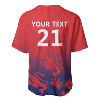 Red cricket jersey back with white 'YOUR TEXT' and number 21, buttoned front edge visible