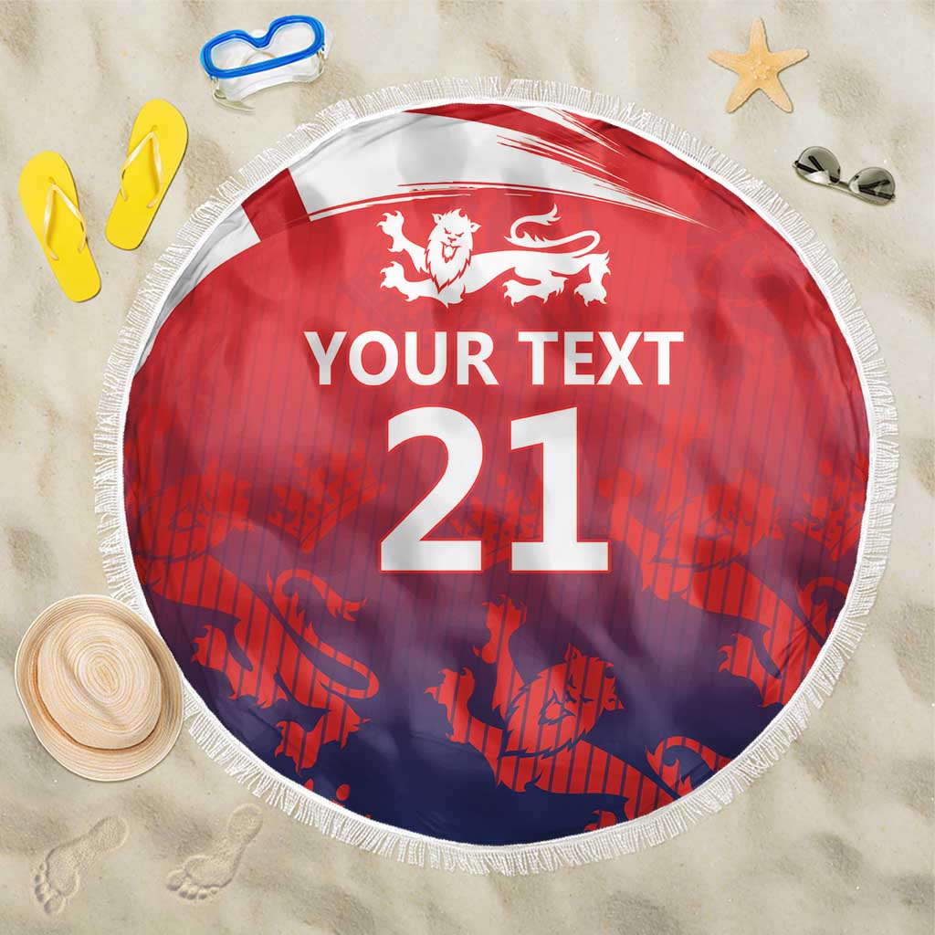 Red round beach blanket with fringe, lion crest and “YOUR TEXT 21” design