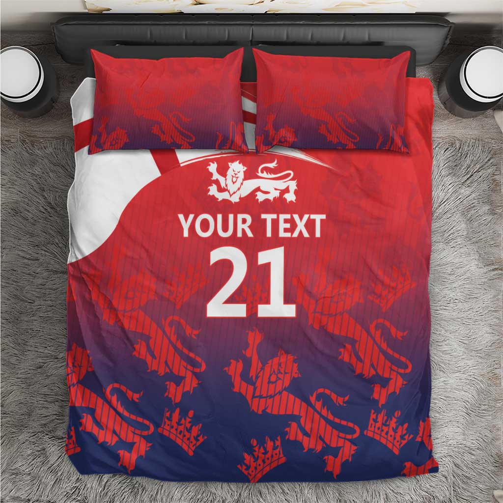 Red and blue duvet cover bedding set with 2 pillows, 'Your Text 21' print