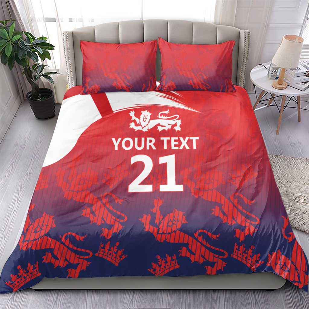 Red and blue bedding set with 2 pillows and duvet, 'Your Text 21' design