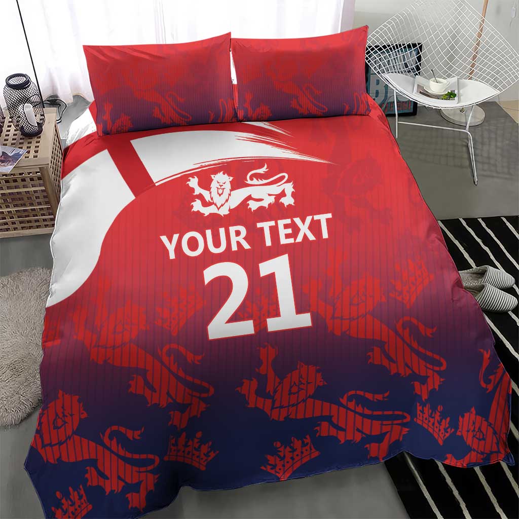 Red and blue duvet bedding set with 2 pillows, 'Your Text 21' graphic