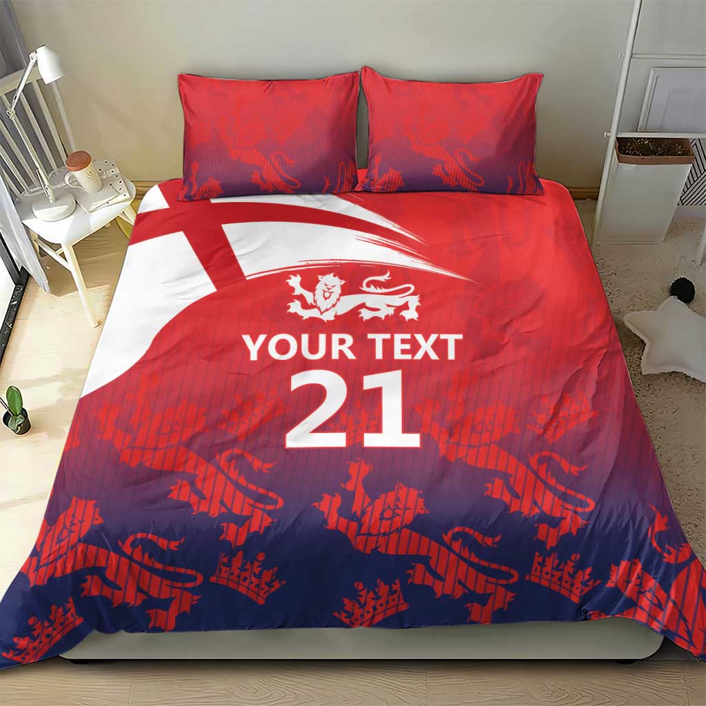 Red and blue bedding set with 2 pillows, 'Your Text 21' print on duvet