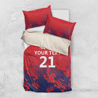 Red and blue bedding set with duvet and 2 pillows, 'Your Text 21' text