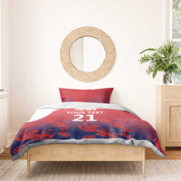 Red and blue duvet set with 2 pillows on bed, 'Your Text 21' print