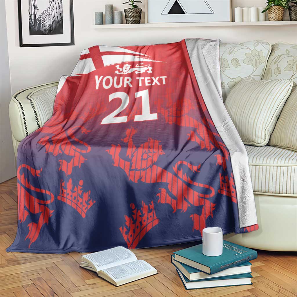 Red cricket blanket with lion crest, '21' and England flag design