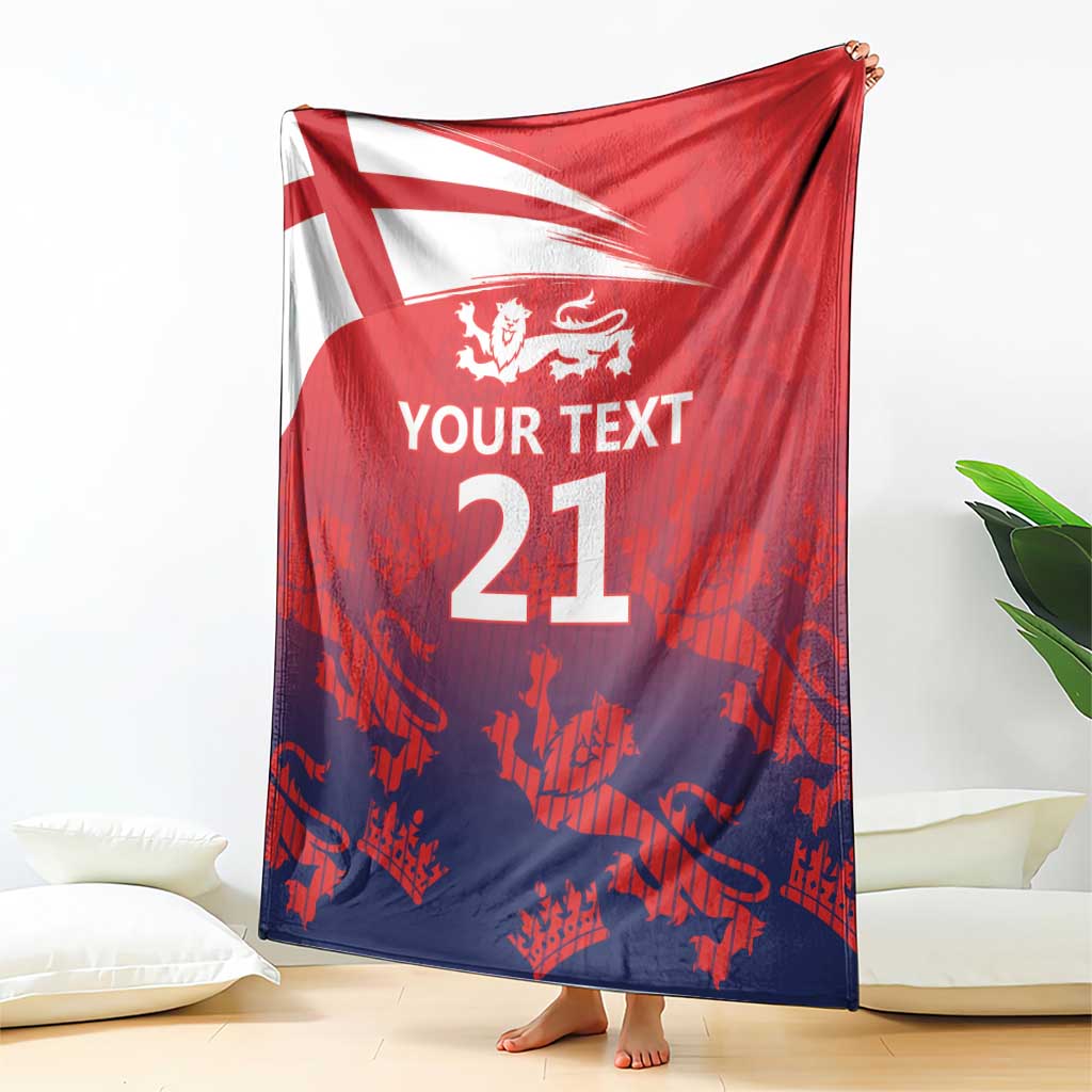 Red and dark blue cricket blanket draped with England flag, lion crest and '21'