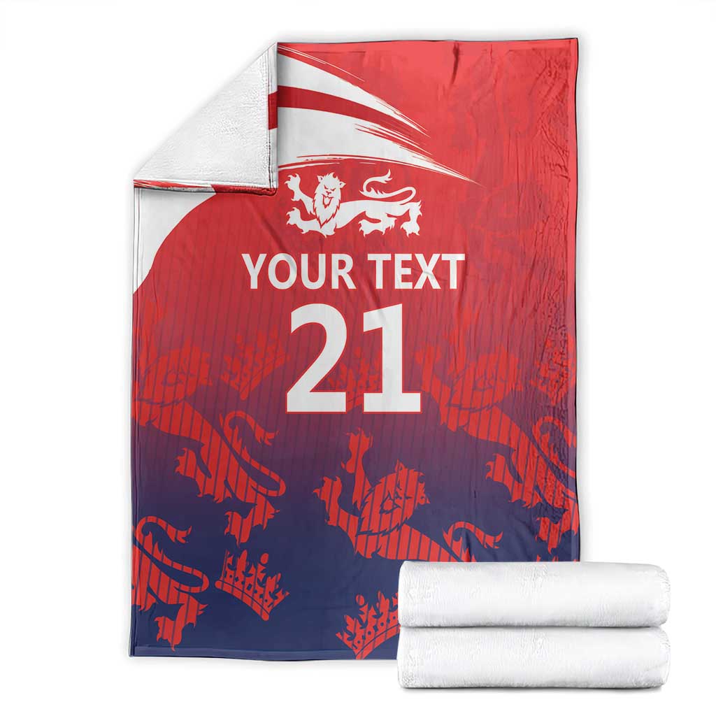 Folded red cricket blanket with England flag, lion crest and '21' display