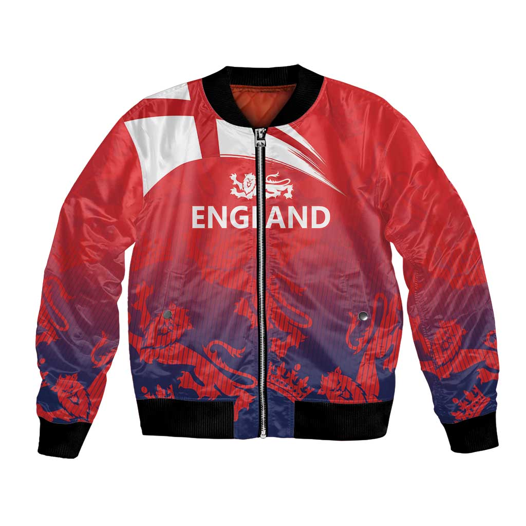 Red bomber jacket with black ribbed collar and hem, front zip, England graphic