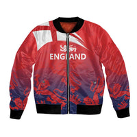 Red bomber jacket with black ribbed collar and hem, front zip, England graphic
