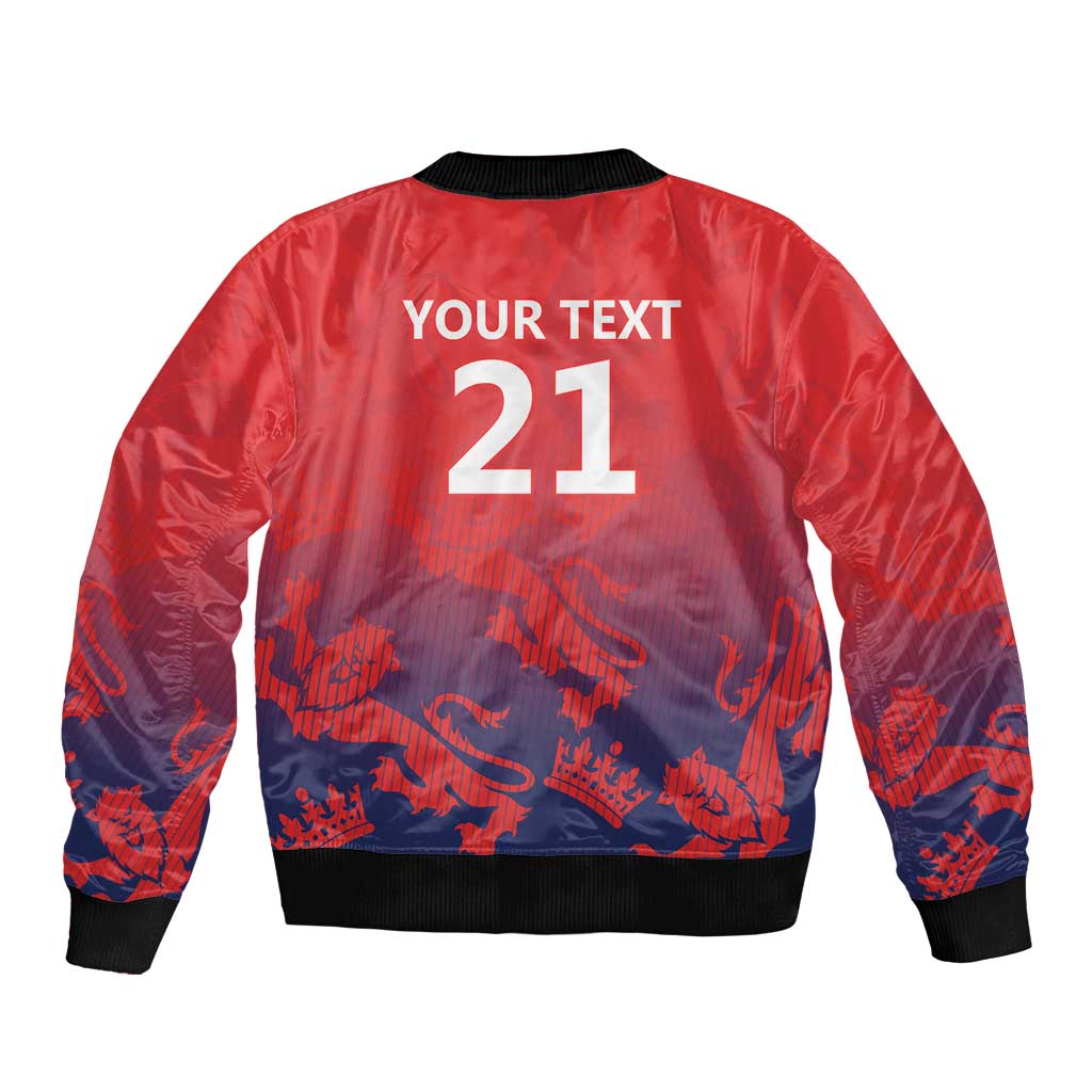 Red bomber jacket with black ribbed collar and hem, back print “YOUR TEXT 21”