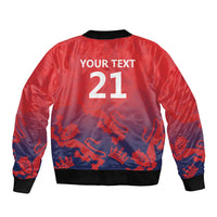 Red bomber jacket with black ribbed collar and hem, back print “YOUR TEXT 21”