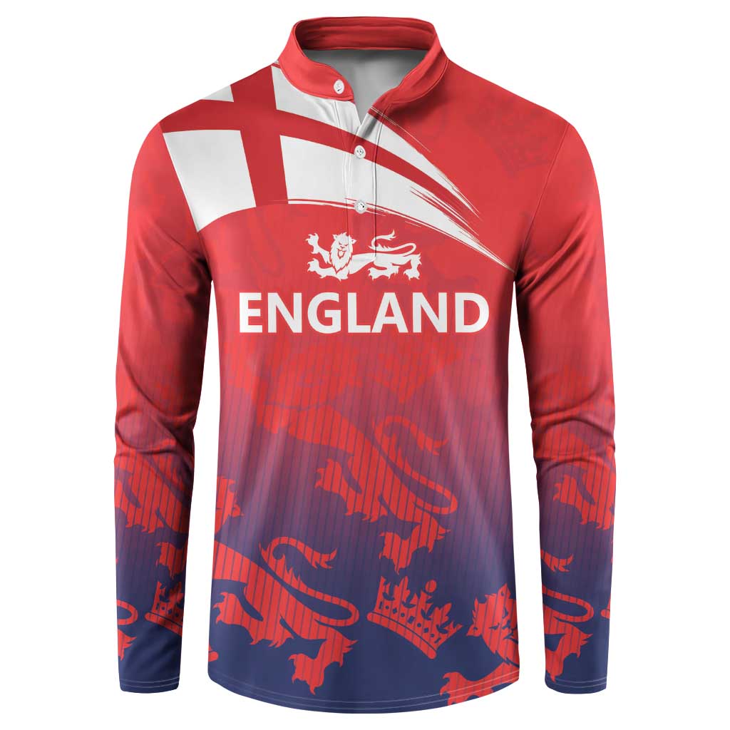 Red/navy England cricket button sweatshirt with white stripe and Three Lions crest