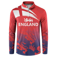 Red/navy England cricket button sweatshirt with white stripe and Three Lions crest