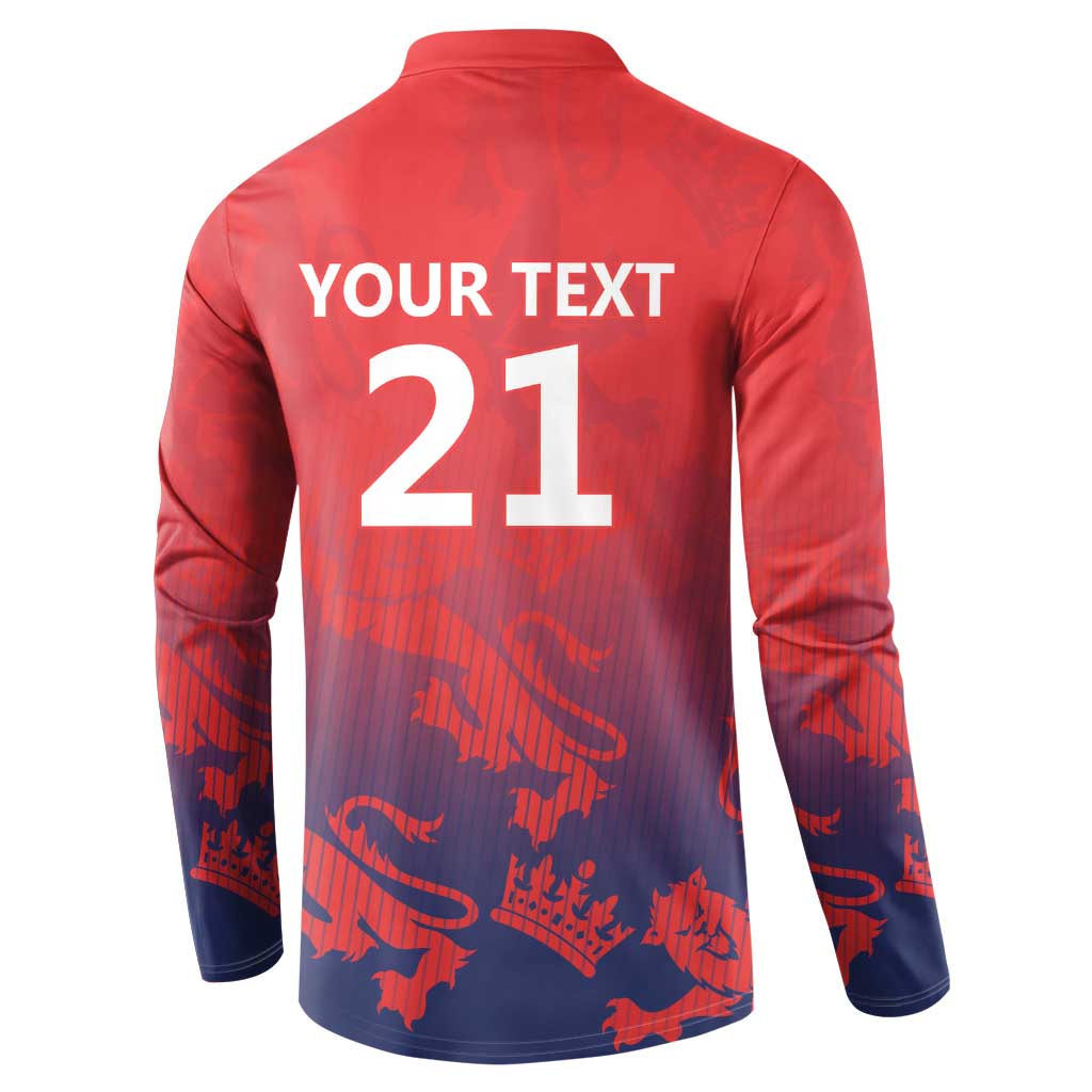 Red/navy cricket button sweatshirt back with 'YOUR TEXT' and number 21 print