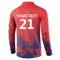 Red/navy cricket button sweatshirt back with 'YOUR TEXT' and number 21 print