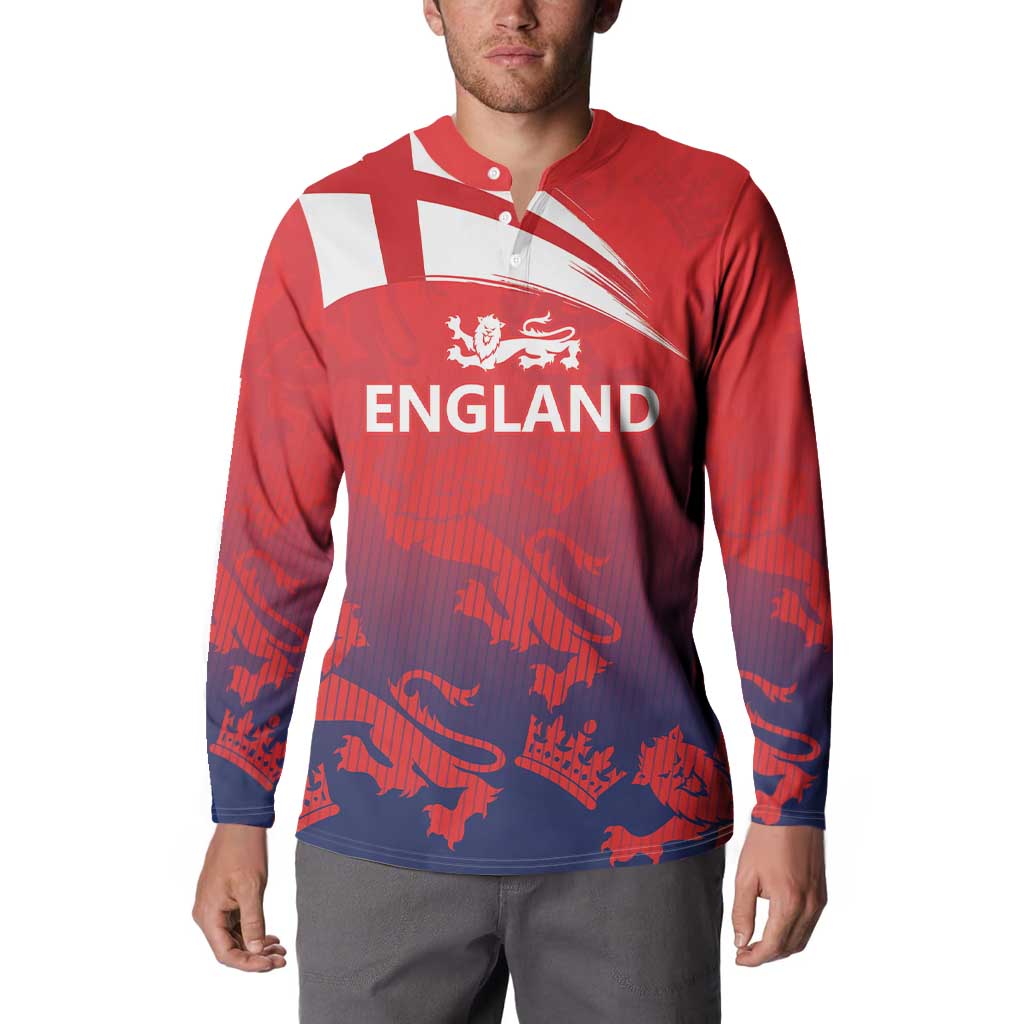 Red/navy England cricket button sweatshirt on male model with white collar stripe and crest