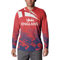 Red/navy England cricket button sweatshirt on male model with white collar stripe and crest