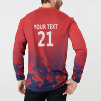 Red/navy cricket button sweatshirt back on model with 'YOUR TEXT' and 21 print