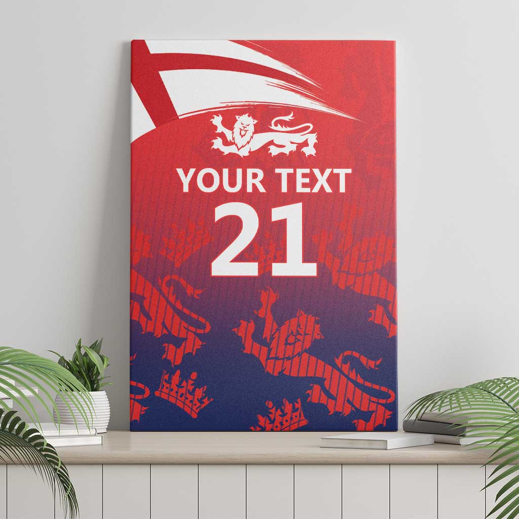Red and navy England flag canvas wall art featuring three lions and number 21 with your text