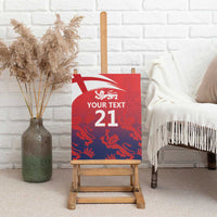 Red and navy England flag canvas print on an easel with three lions and number 21, your text