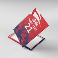 Red and navy England flag canvas wall art, three lions, your text 21, shown at an angle