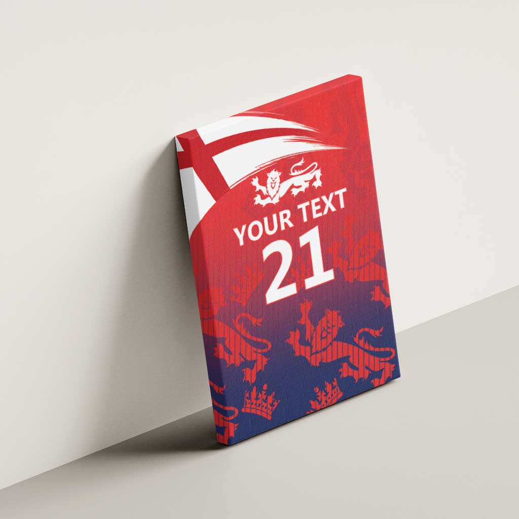 Red and navy England flag canvas wall art with three lions and number 21, your text