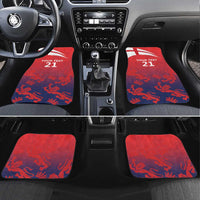 Red custom car floor mats with Union Jack corner and "YOUR TEXT 21" print