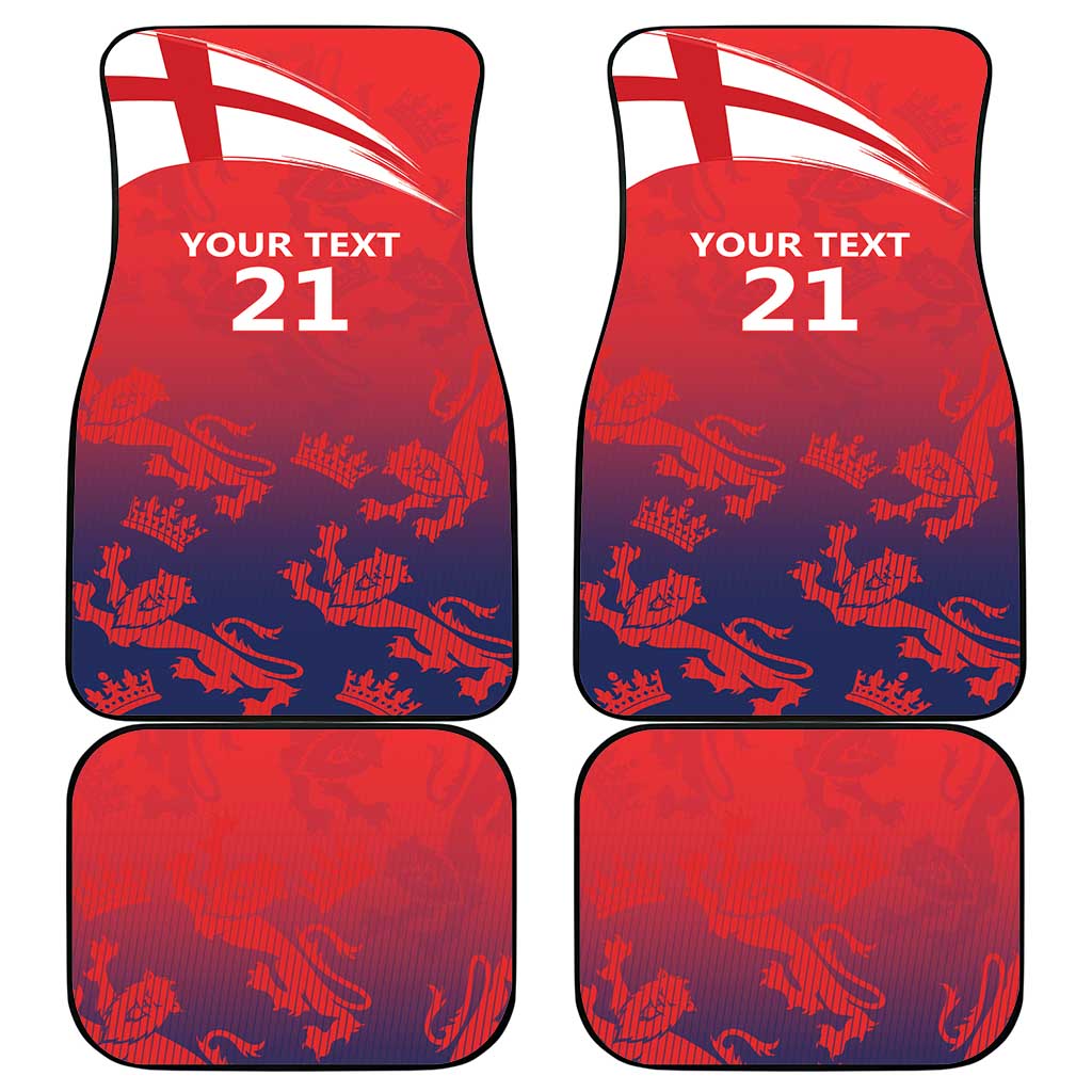 Red custom car floor mats, Union Jack corner, "YOUR TEXT 21" text, blue lion pattern
