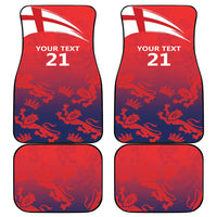 Red custom car floor mats, Union Jack corner, "YOUR TEXT 21" text, blue lion pattern