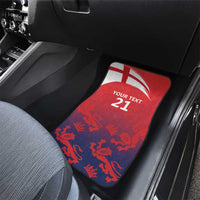 Red car floor mat with Union Jack corner, "YOUR TEXT 21" text, blue lion pattern