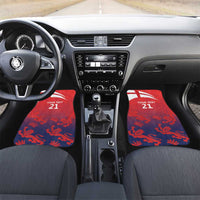 Red car floor mats with Union Jack corner and "YOUR TEXT 21" on blue lion pattern