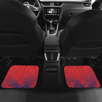 Red car floor mats with "YOUR TEXT 21" and Union Jack corners over blue lion pattern