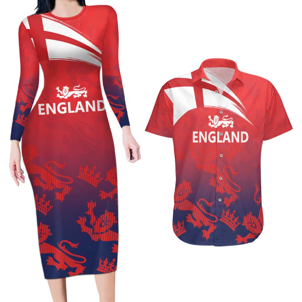 England Cricket Custom Couples Matching Long Sleeve Bodycon Dress and Hawaiian Shirt Three Lions With Flag LT9 - Wonder Print Shop