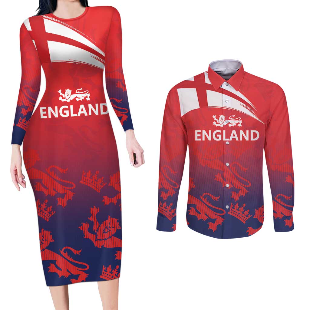 England Cricket Custom Couples Matching Long Sleeve Bodycon Dress and Long Sleeve Button Shirt Three Lions With Flag LT9 - Wonder Print Shop