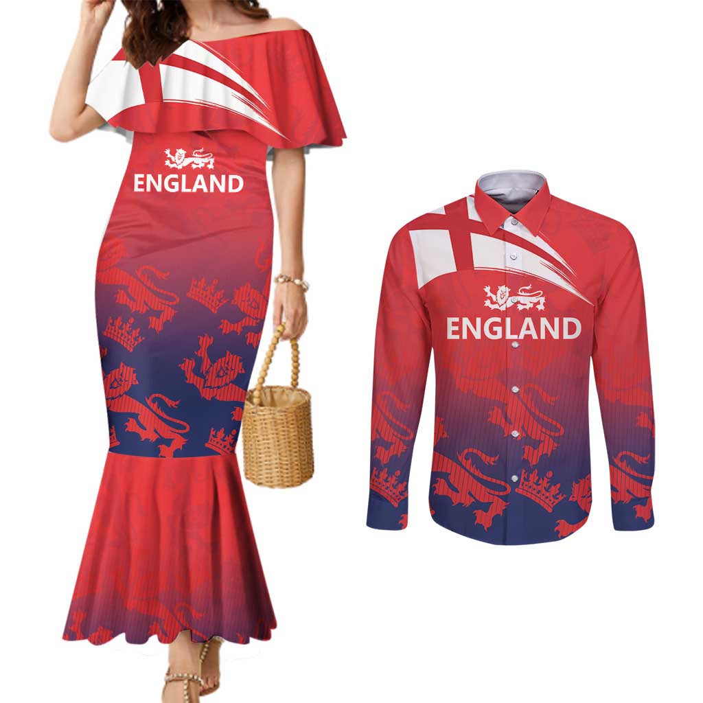 England Cricket Custom Couples Matching Mermaid Dress and Long Sleeve Button Shirt Three Lions With Flag