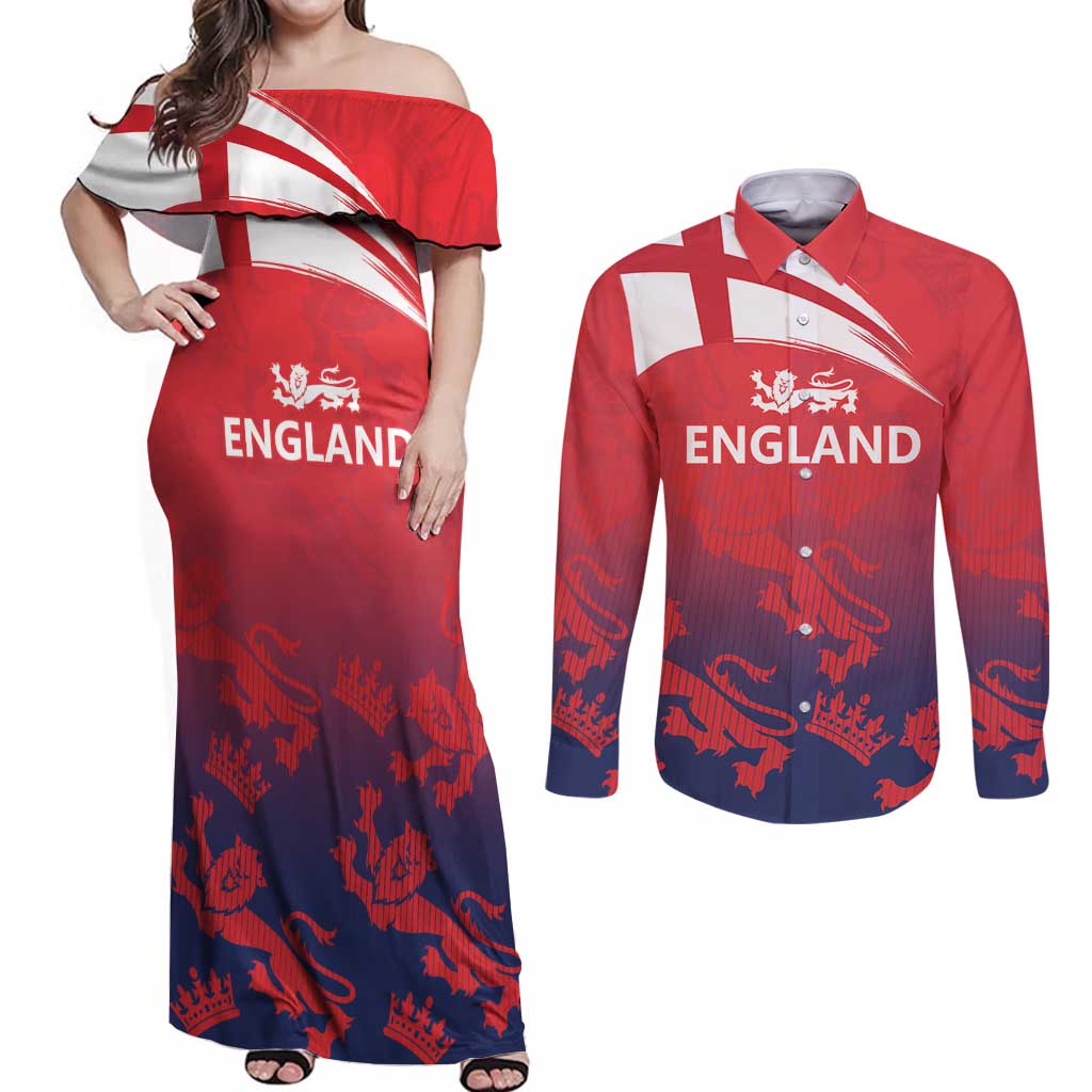 England Cricket Custom Couples Matching Off Shoulder Maxi Dress and Long Sleeve Button Shirt Three Lions With Flag LT9 - Wonder Print Shop